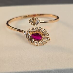 Elegant Rose Gold Filled and Pink Leaf Design Bangle Bracelet 7.5" Open Front